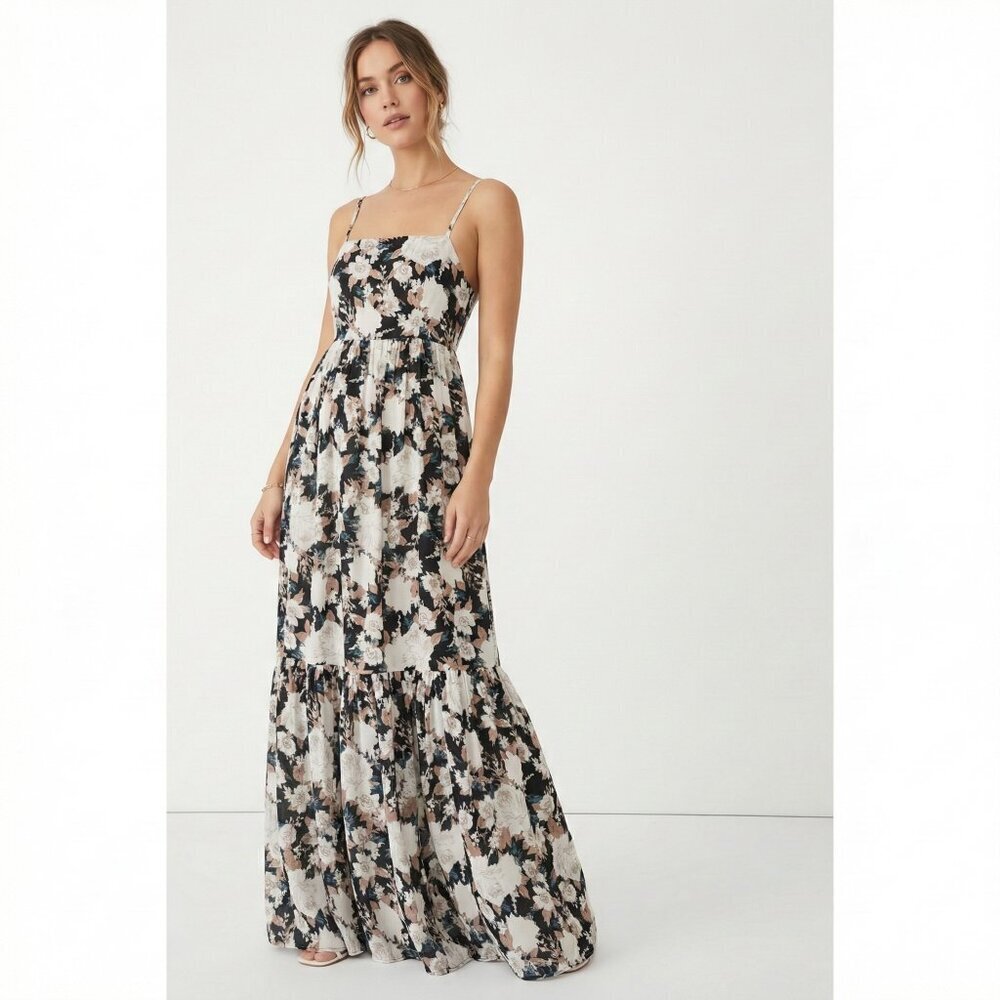 Abercrombie & Fitch Tiered Floral Maxi Dress Black White Cotton Small